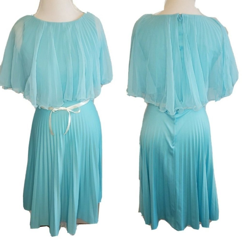 Vintage 60s Light Blue‎ Cape Dress Accordian Pleat